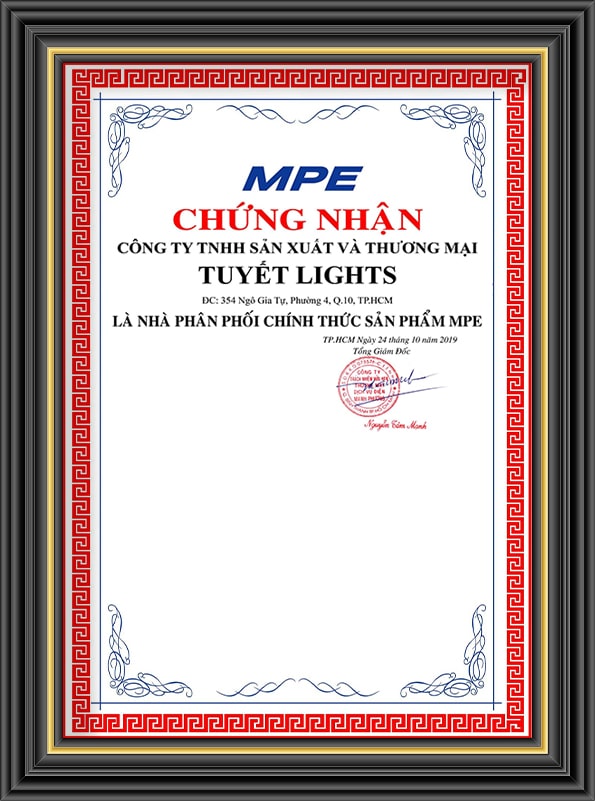 Giấy chứng nhận Tuyết Lights là nhà phân phối chính thức sản phẩm MPE, khung viền trang trí màu đen đỏ